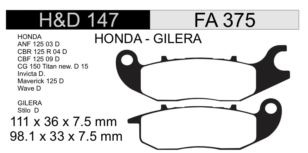 PASTILLA FRENO HONDA WAVE GLH LINEA 2025 H&D147 NRO77